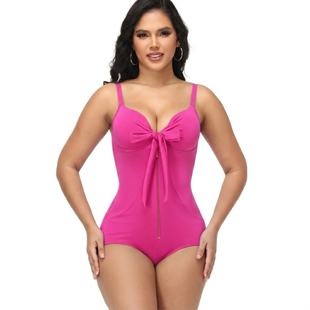 Shapshe® V Neck Shaping Swimsuit with Zipper and Bow