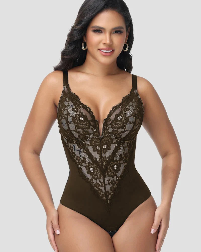 Shapshe® Sexy Plunge Lace Shapewear Bodysuit with Hook Crotch