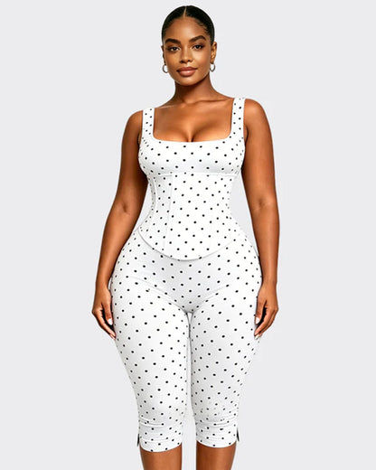 Polka Dot Square Neck Capri Jumpsuit with Hourglass Detachable Corset Two-Piece Set