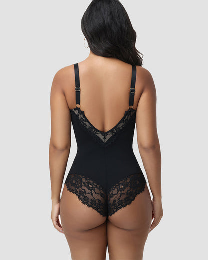 Shapshe® Front and Back Deep V Lace Trim Shapewear Bodysuit