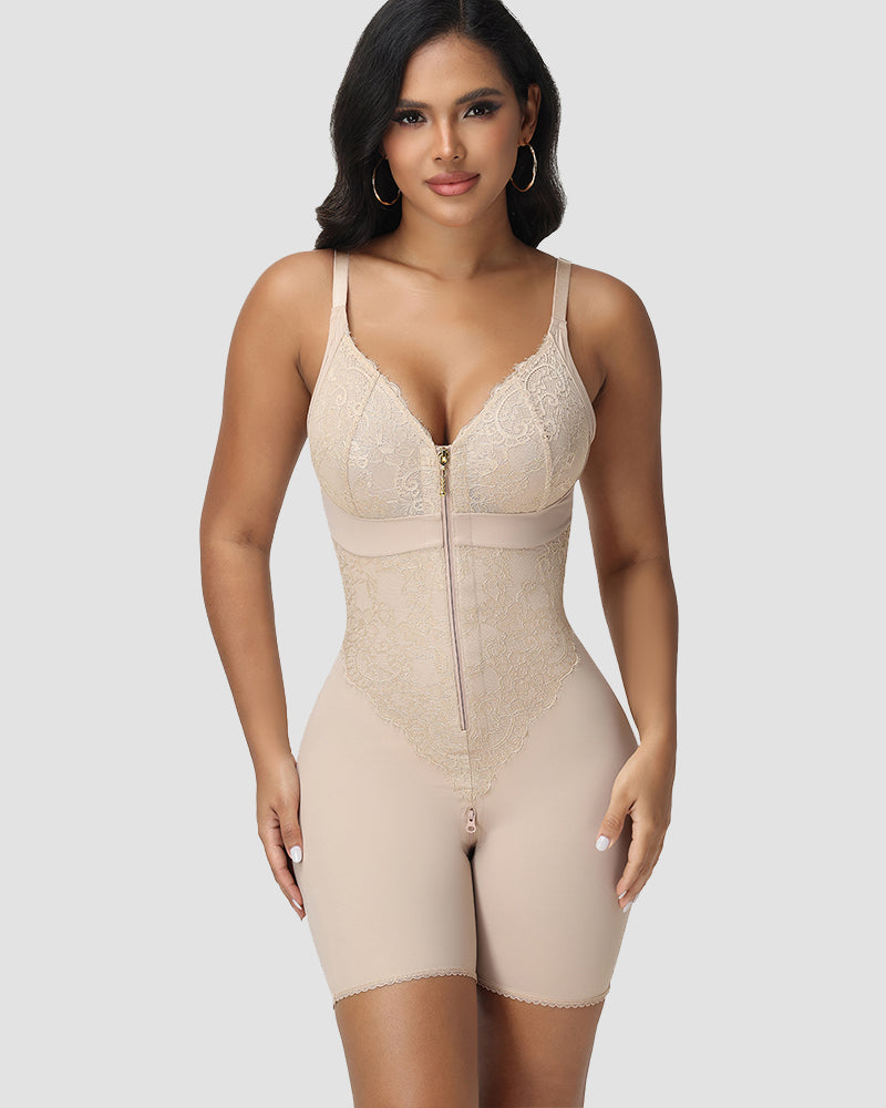 Shapshe® Lace-Trim Front-Zip Tummy Control Bodysuit
