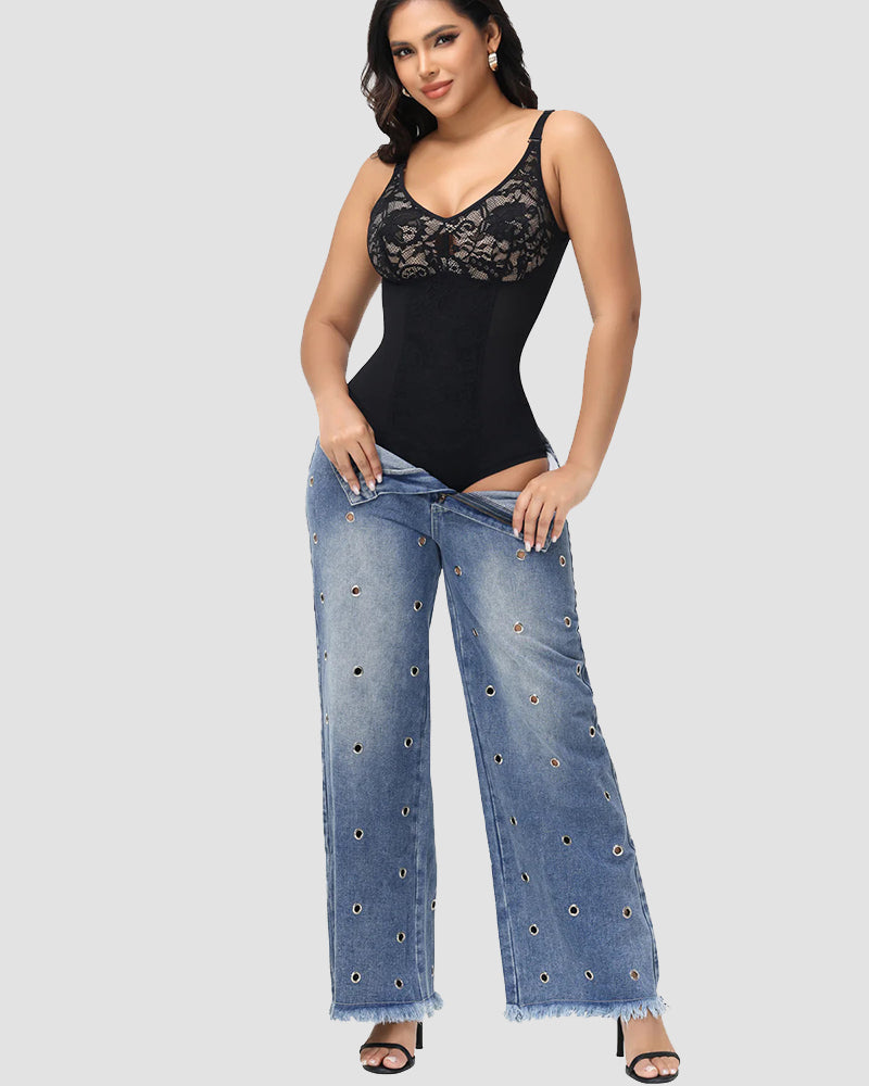 Shapshe® Sexy V Neck Lace Briefs Shapewear Bodysuit