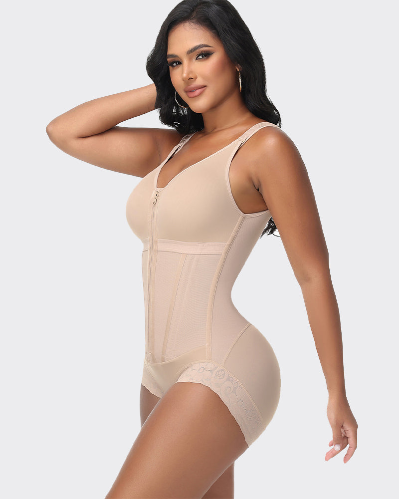 Double-Layer PowerMesh Hourglass Tummy Sculpt Zipper Bodysuit With Bra