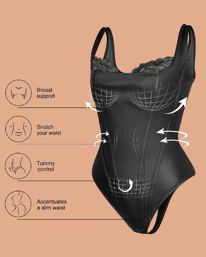 Shapshe® Leather Lace Balconette Thong Bodysuit Shapewear