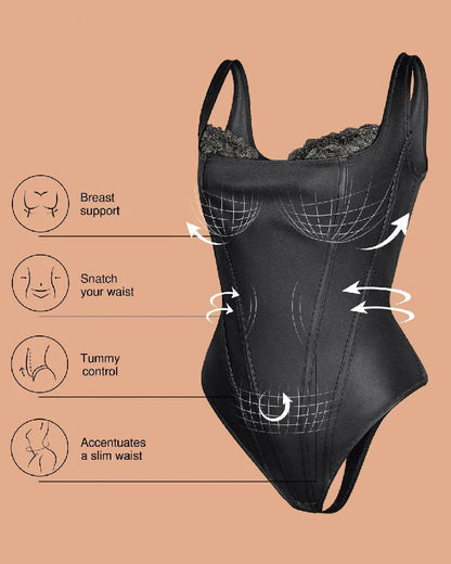 Shapshe® Leather Lace Balconette Thong Bodysuit Shapewear