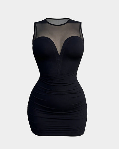Shaper Dress Mesh Hotfix rhinestone Sleeveless Pleat Bodycon
