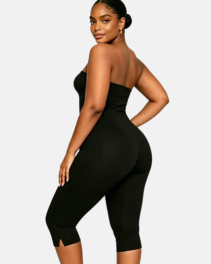 Solid Color Halter Neck Open Back Bodycon Capri Jumpsuit