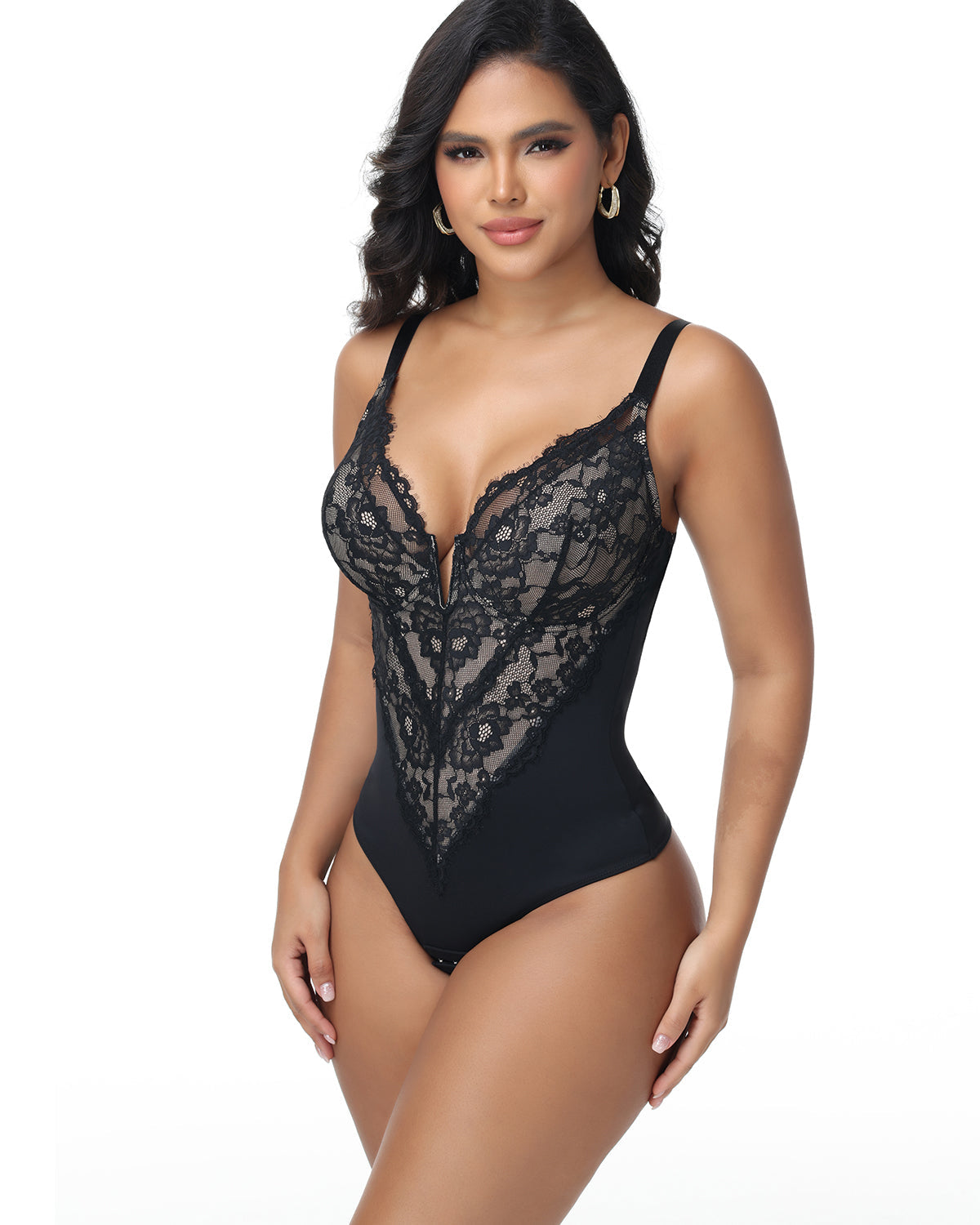 Shapshe® Sexy Plunge Lace Shapewear Bodysuit with Hook Crotch