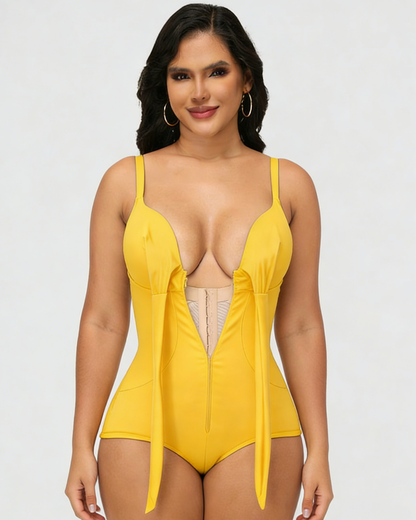 Shapshe® V Neck Shaping Swimsuit with Zipper and Bow