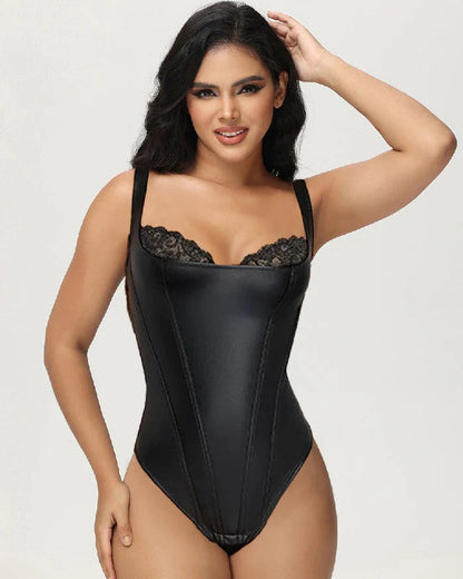 Shapshe® Leather Lace Balconette Thong Bodysuit Shapewear