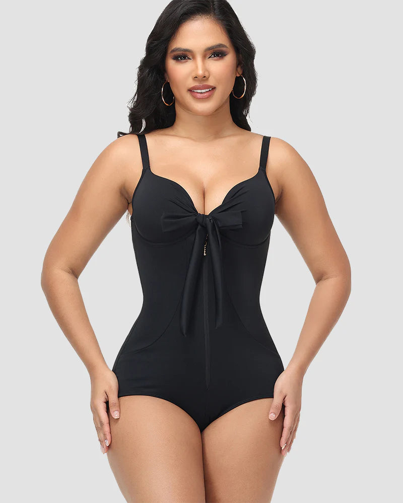 Shapshe® V Neck Shaping Swimsuit with Zipper and Bow