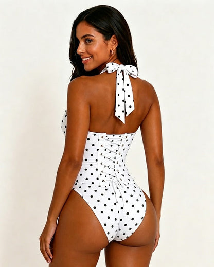 Polka dot halter neck bodycon one-piece swimsuit with straps