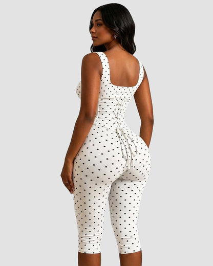 Polka Dot Square Neck Capri Jumpsuit with Hourglass Detachable Corset Two-Piece Set