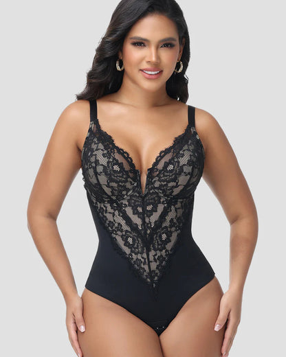 Shapshe® Sexy Plunge Lace Shapewear Bodysuit with Hook Crotch