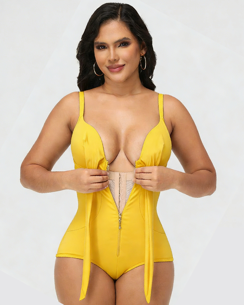 Shapshe® V Neck Shaping Swimsuit with Zipper and Bow