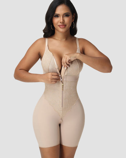Shapshe® Lace-Trim Front-Zip Tummy Control Bodysuit