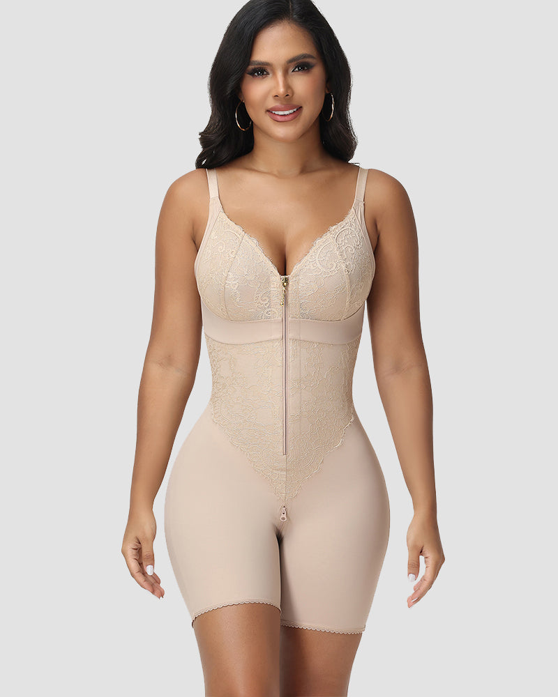 Shapshe® Lace-Trim Front-Zip Tummy Control Bodysuit
