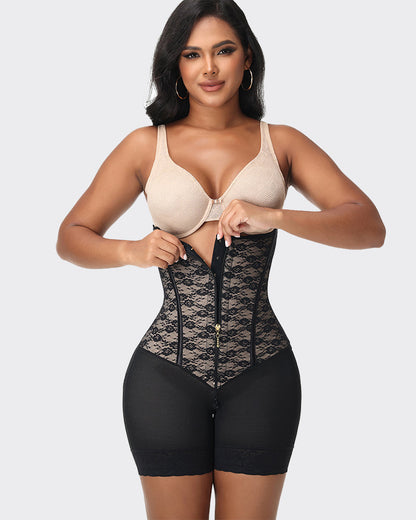 Open Bust High Waisted Tummy Control  Zipper Crotch Lace Shapewear