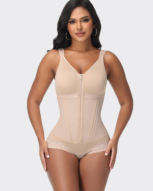 Double-Layer PowerMesh Hourglass Tummy Sculpt Zipper Bodysuit With Bra