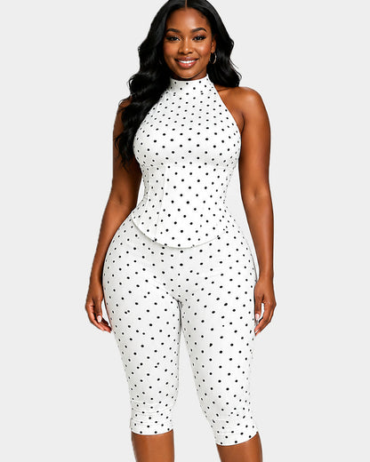 Polka Dot Halter Neck Backless Slim-Fit Stretch Capri Jumpsuit