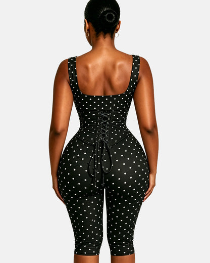 Polka Dot Square Neck Capri Jumpsuit with Hourglass Detachable Corset Two-Piece Set