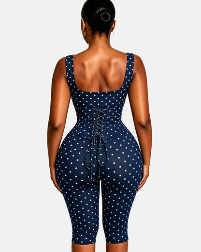 Polka Dot Square Neck Capri Jumpsuit with Hourglass Detachable Corset Two-Piece Set