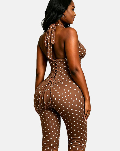 Polka Dot Halter Neck Backless Slim-Fit Stretch Capri Jumpsuit