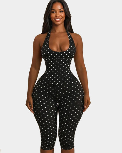 Hourglass Figure Body Shaper Waist Cincher Polka Dot Capri Jumpsuit Two-Piece Set