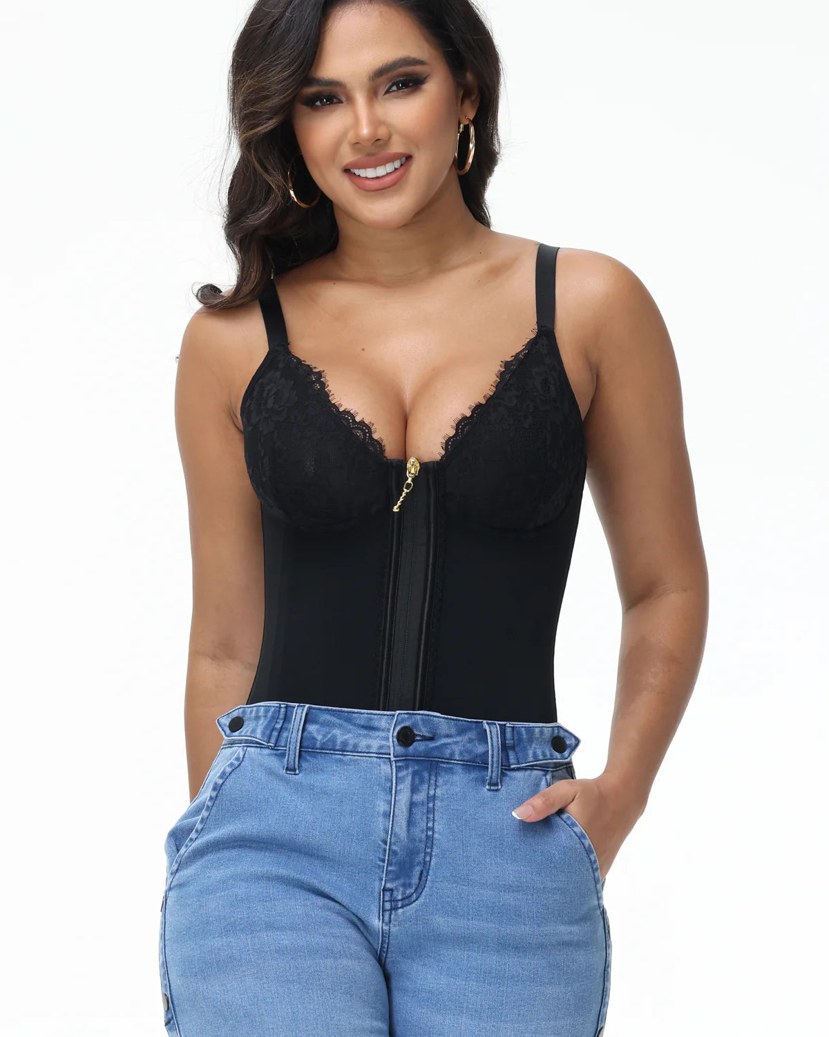 Shapshe® Deep V Lace Trimmed Waist Trainer with Built-in Bra