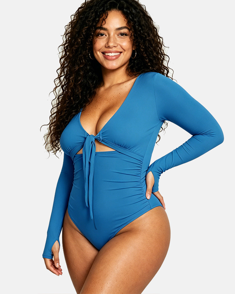 Shaping Swimsuit V Neck Tummy Control with Zippe Long Sleeve