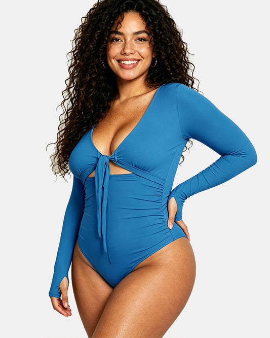 Shaping Swimsuit V Neck Tummy Control with Zippe Long Sleeve