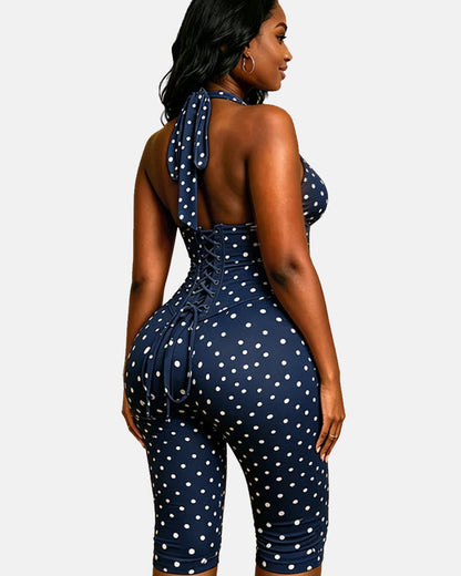 Polka Dot Halter Neck Backless Slim-Fit Stretch Capri Jumpsuit