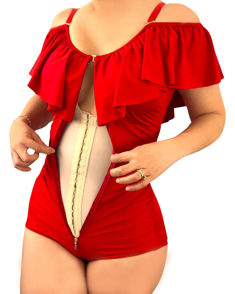 Shaping Swimsuits For Women Tummy Control   Ruffled Bathing  With Zipper