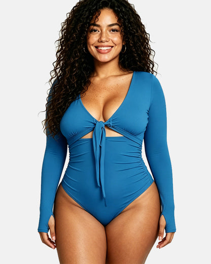 Shaping Swimsuit V Neck Tummy Control with Zippe Long Sleeve