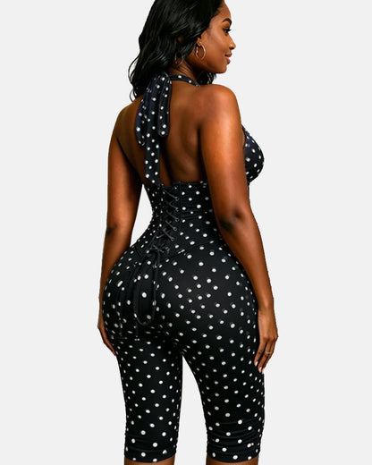 Polka Dot Halter Neck Backless Slim-Fit Stretch Capri Jumpsuit