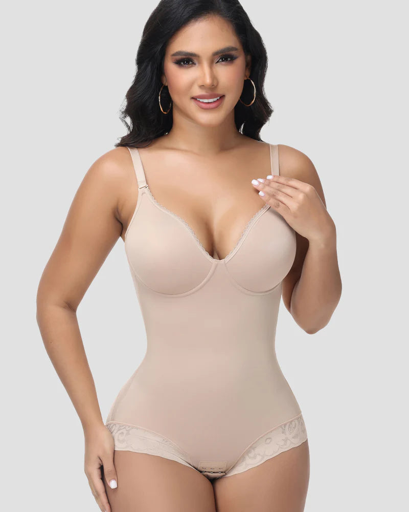 Shapshe® Lace Trimmed Built In Bra Tummy Tuck Shapewear Bodysuit