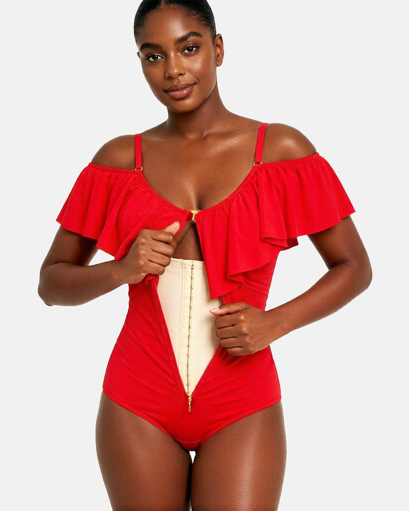 Shaping Swimsuits For Women Tummy Control   Ruffled Bathing  With Zipper