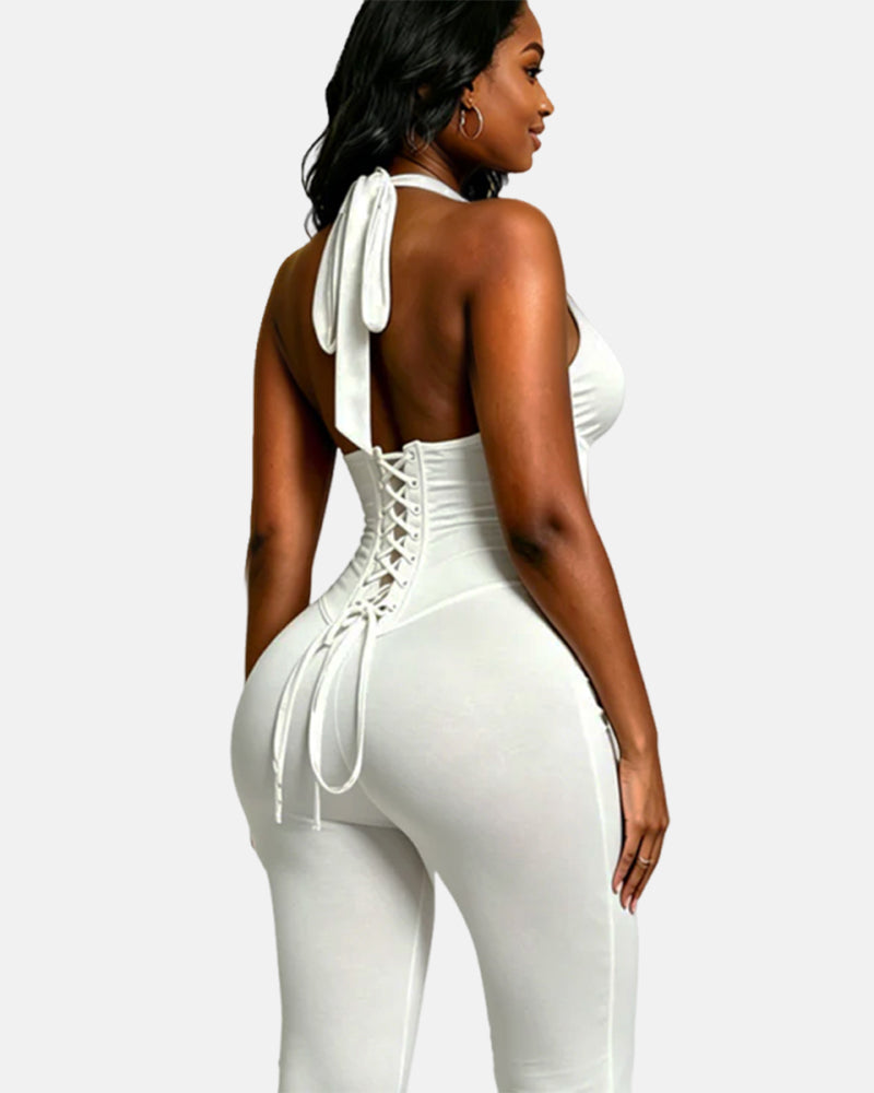 Polka Dot Halter Neck Backless Slim-Fit Stretch Capri Jumpsuit