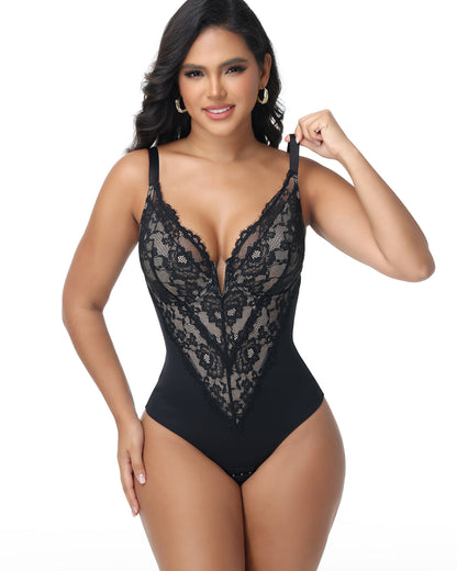 Shapshe® Sexy Plunge Lace Shapewear Bodysuit with Hook Crotch