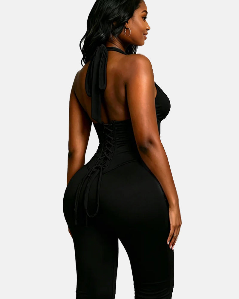 Polka Dot Halter Neck Backless Slim-Fit Stretch Capri Jumpsuit