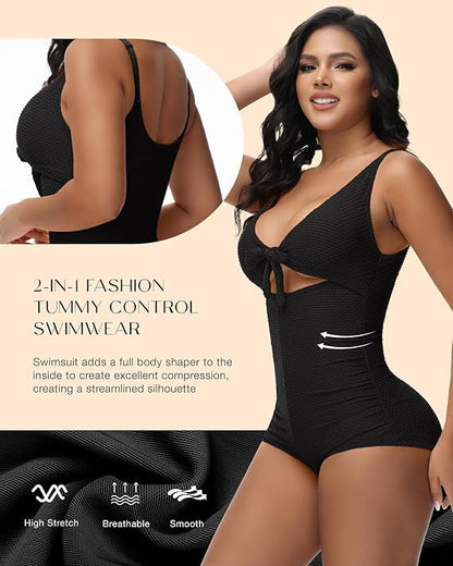 Shapshe® Tummy Control Swimsuit Cutout Tie Front Bathing Suit