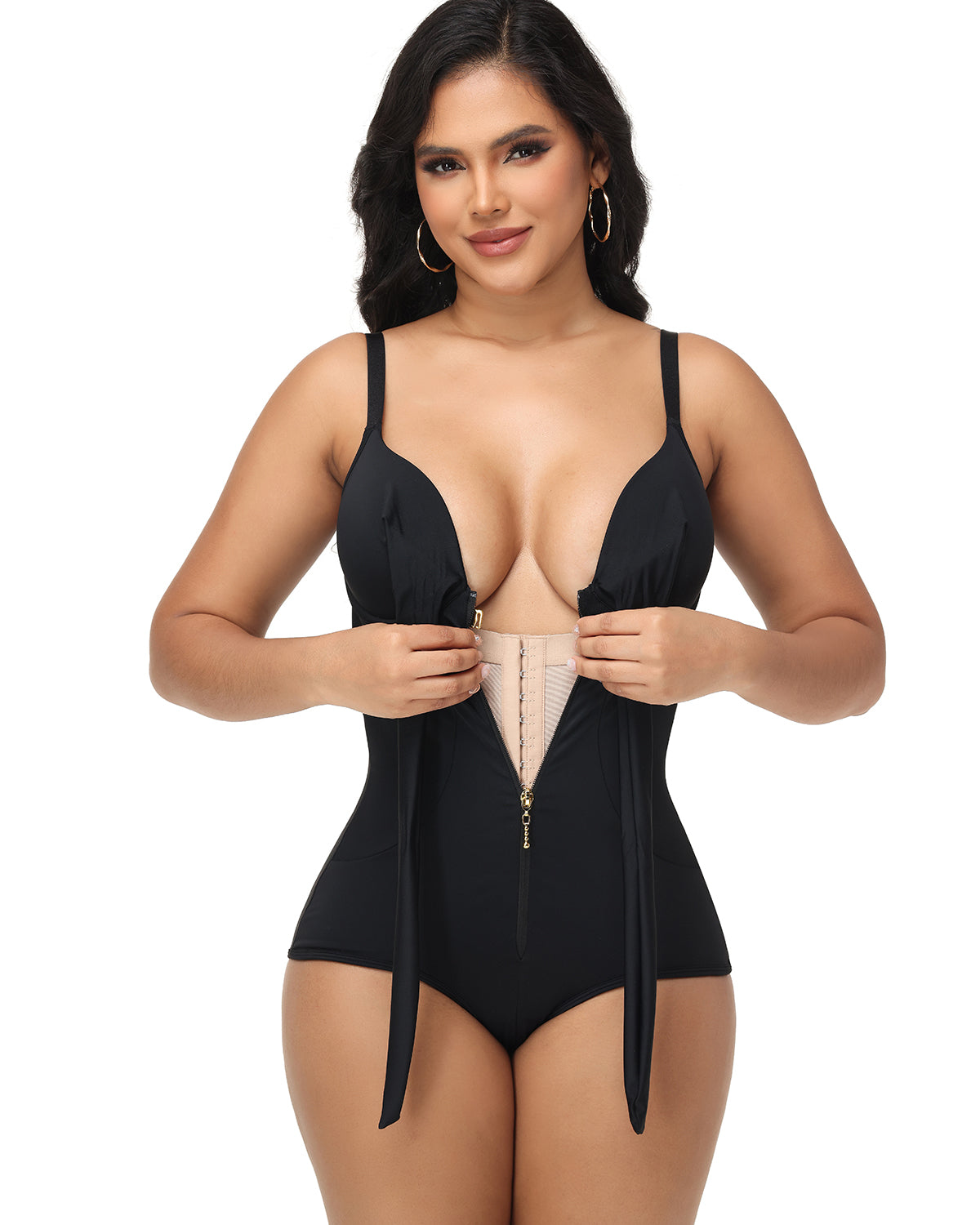 Shapshe® V Neck Shaping Swimsuit with Zipper and Bow