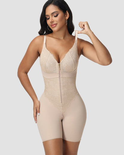 Shapshe® Lace-Trim Front-Zip Tummy Control Bodysuit