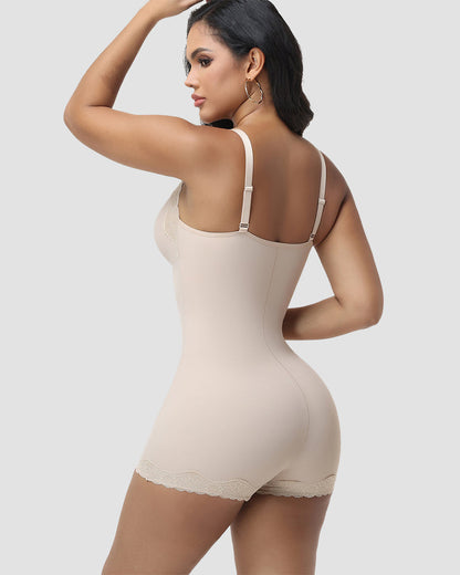 Shapshe® Lace Trim Deep V Mid-Thigh Bodysuit Shaper