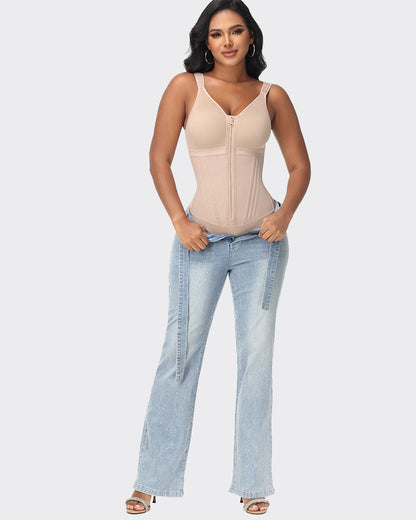 Double-Layer PowerMesh Hourglass Tummy Sculpt Zipper Bodysuit With Bra