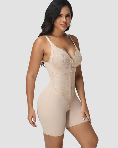 Shapshe® Lace-Trim Front-Zip Tummy Control Bodysuit