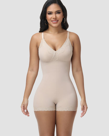Shapshe® Lace Trim Deep V Mid-Thigh Bodysuit Shaper