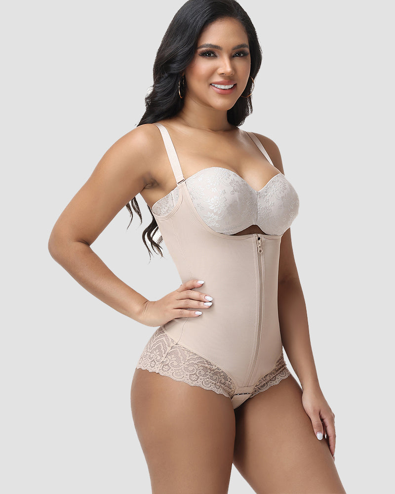 Shapshe® Lace Trim Double Compression Shapewear Bodysuit